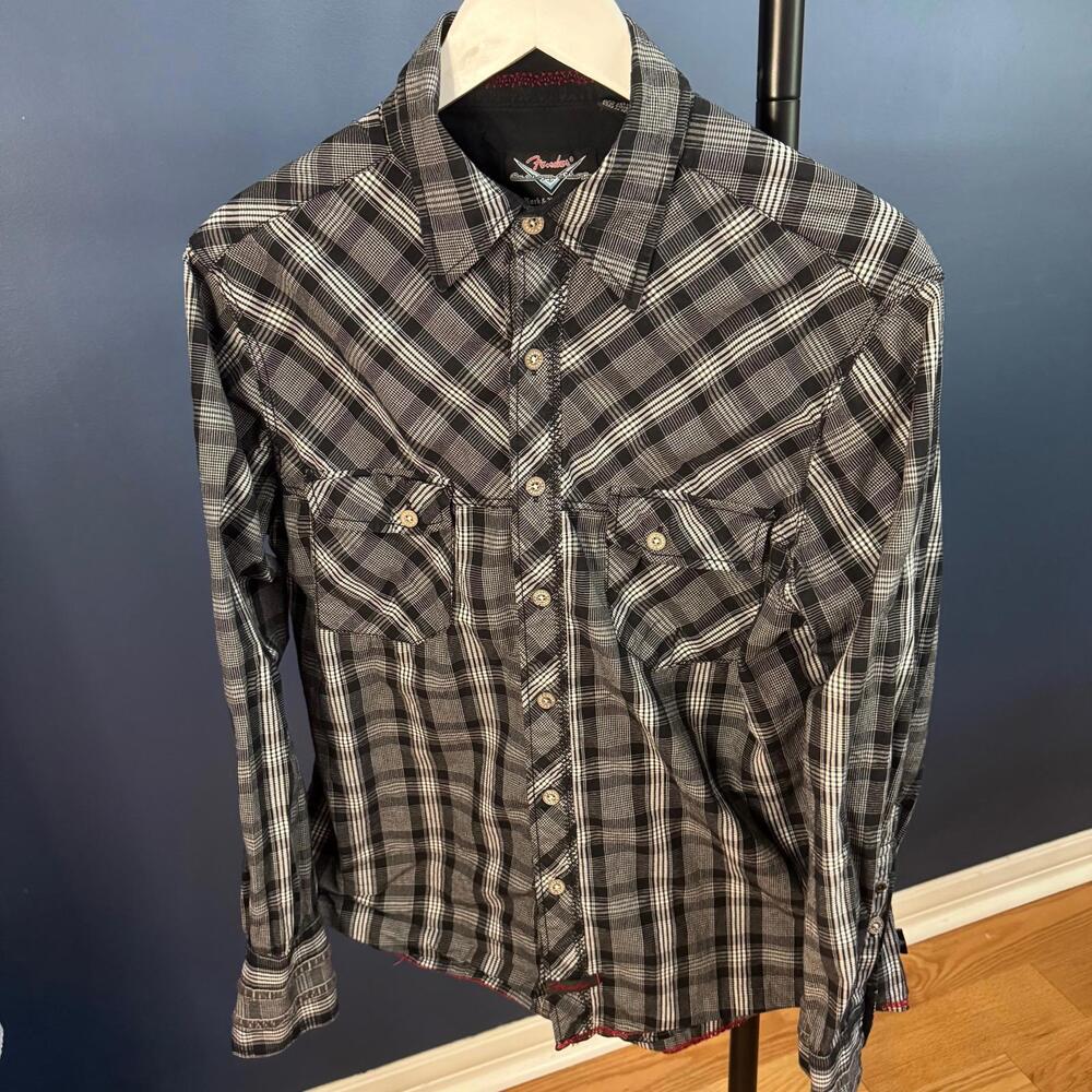 Fender Custom Shop, Button Down Shirt, White/Grey/Black Plaid, Mens Medium